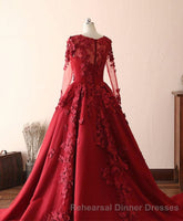 Burgundy Lace Satin Long Semi Formal Prom Dress, Burgundy Lace Evening Dress